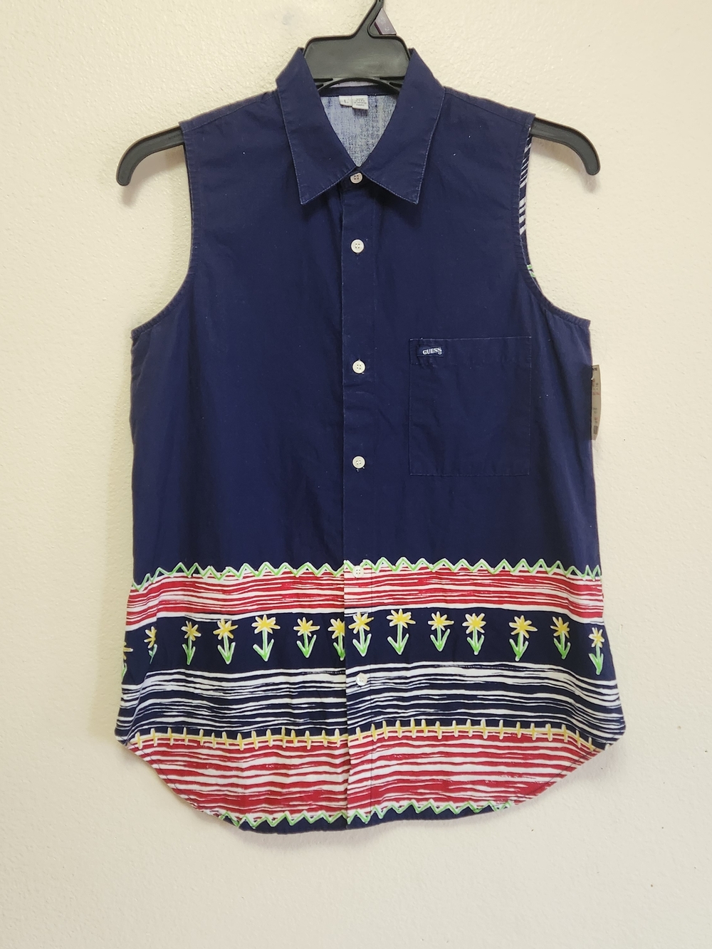 Vtg 90s Guess Jeans Tank Top Large Blue 100% Cotton Sleeveless USA Deadstock